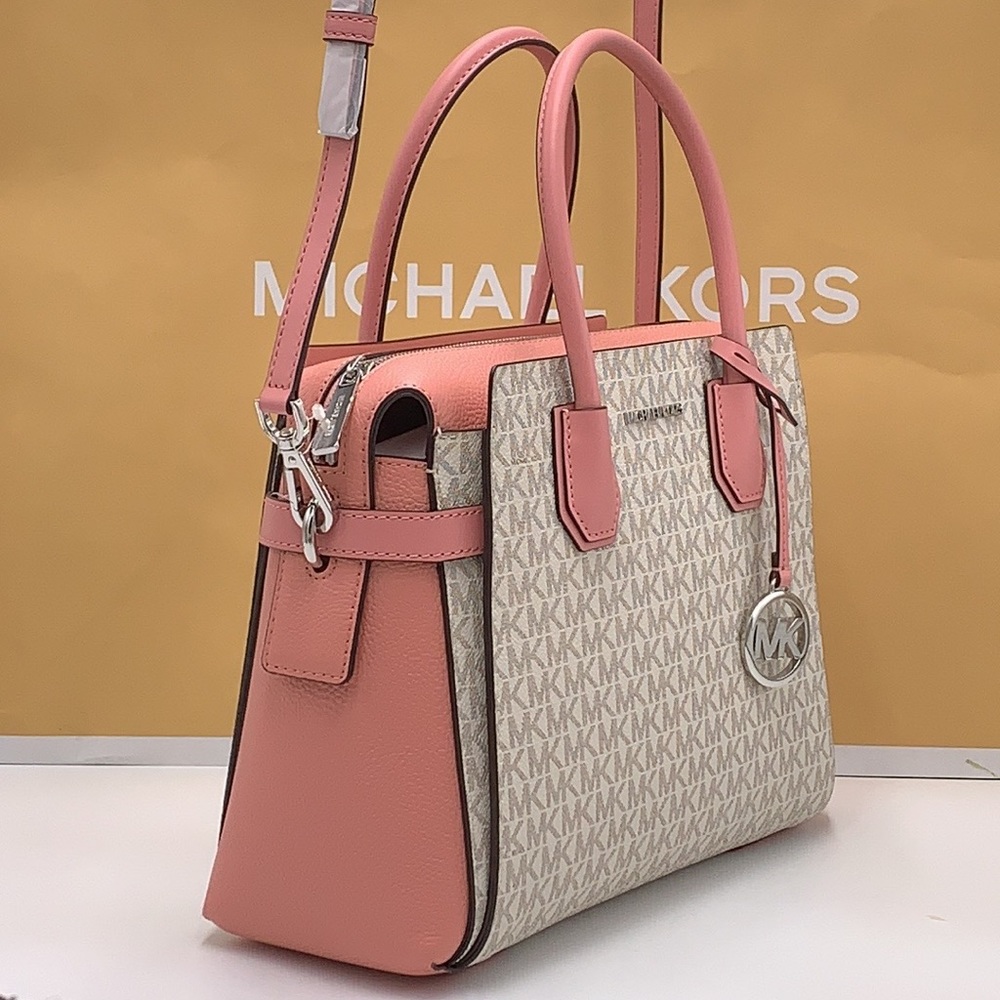 MICHAEL KORS MERCER MEDIUM TOP ZIP BELTED SATCHEL PRIMROSE VANILLA SIGNATURE - Picture 5 of 16